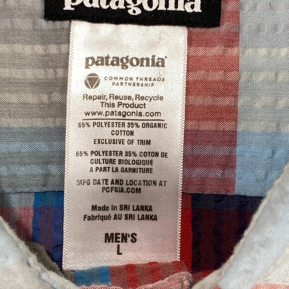 Patagonia Puckerware Shirt Mens Large Blue Red Gray Warm Wear Comfort Button Up - Picture 3 of 11